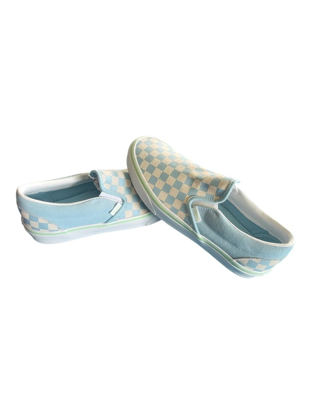 NEW Vans Classic Slip-On Crystal Blue Checkerboard Lime Green Suede M 8.5 W 10